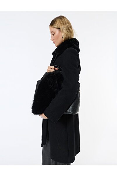Koton Faux Fur Collar Coat with Cashmere Belt Long Sleeves