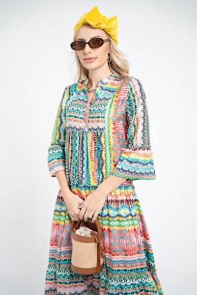 stellacloset Long Cotton-Textured Wavy Multicolor Dress 2025