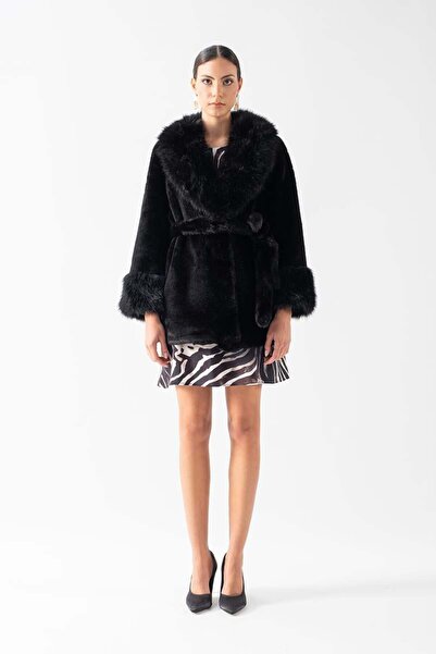 Spazio Diotisalvi Şal Yaka Kol Kürklü Peluş Kaban SİYAH