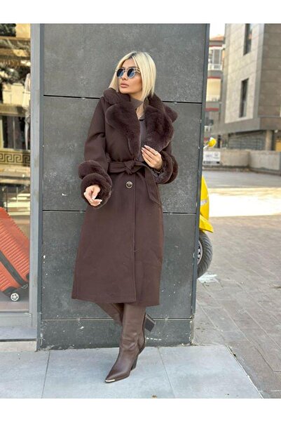Kokoşum Butik 3996 Palton din piele cu guler maro