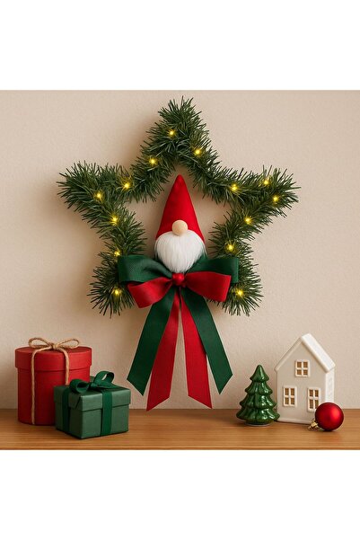 Home Bohem Handmade Noel Yılbaşı Temalı Işıklı Yıldız Çam Çelenk Cüce Figürlü...