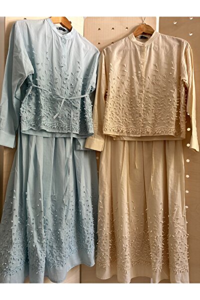 BZ BUTİK طقم مكون من قميص وتنورة بتفاصيل تطريز منقوشة على شكل أوراق الشجر