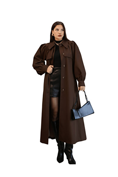 QUBERZ Women's Balloon Sleeve Resort Collar Belted Long Trench Coat - Black / Navy Blue / Mink / Beige / Khaki / Brown