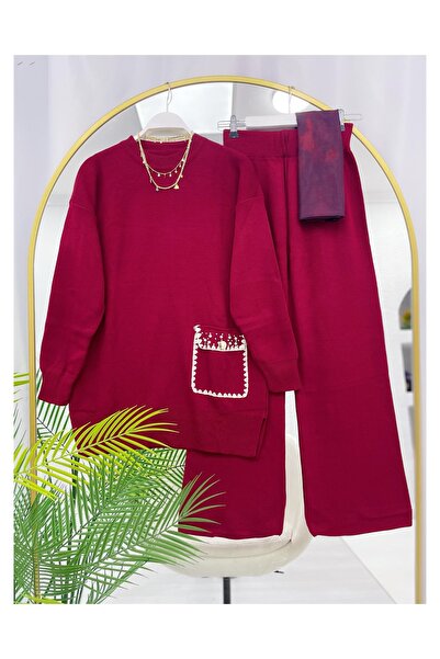 YEDİLALE Stone Pearl Detailled Single Pocket Knit Tunic Pants Double Set [Standard Size 38-44 Size Range]