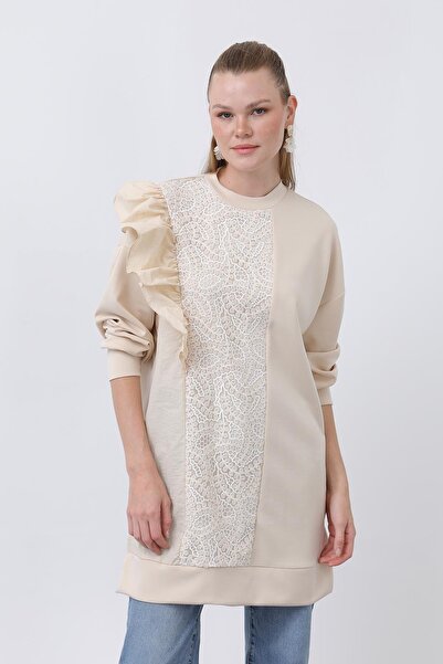 Puane Women's Shoulder Ruffle Detailed Lace Paneled Tunic - 10628Tnk - Sand Beige