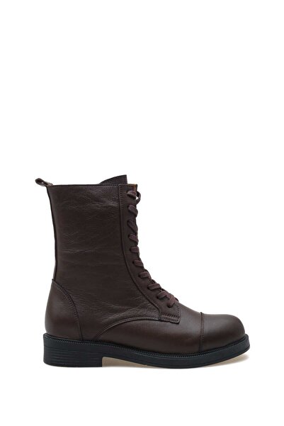 ERNİLA Γυναικείες μπότες LARA από γνήσιο δέρμα καφέ με κορδόνια