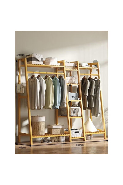 KEKE رف ملابس خشبي بثلاث طبقات، عريض جدًا مع أرفف وقضبان تعليق، خزانة مفتوحة 160×140×40 سم