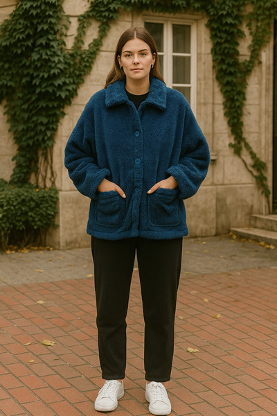 ŞIK VE MUTLU Plush Oversized Soft Fleece Jacket with Pockets