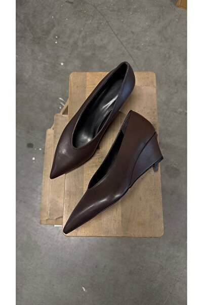 Eataly Shoes Alba Acıkahve Leather Wedge Heeled Women's Shoes