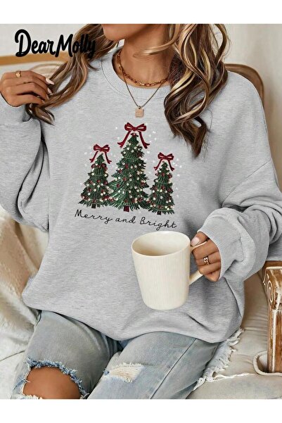 FAVORİST Christmas Pine Tree Printed Sweatshirt
