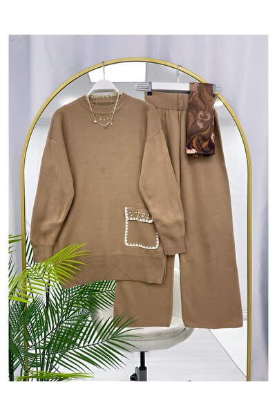 YEDİLALE Stone Pearl Detailled Single Pocket Knit Tunic Pants Double Set [Standard Size 38-44 Size Range]