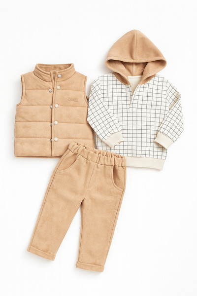 Uğur bebe Natural Cotton Puffer Vest Hooded Sweat Pocket Tracksuit 3-Piece Beige Men's Set Ultra Comfort & Style