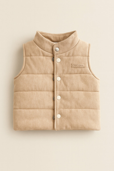 Uğur bebe Natural Cotton Puffer Vest Hooded Sweat Pocket Tracksuit 3-Piece Beige Men's Set Ultra Comfort & Style