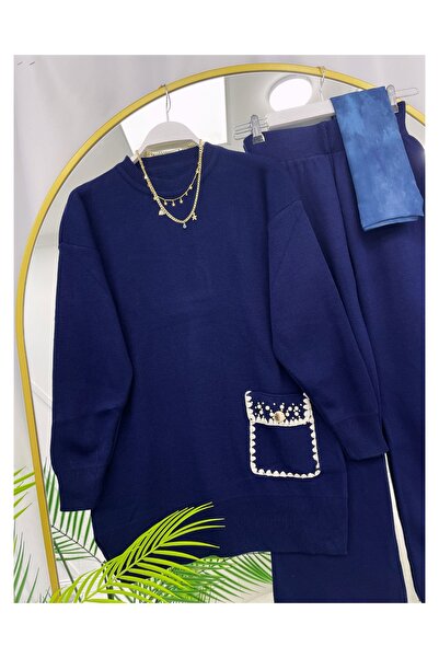 YEDİLALE Stone Pearl Detailled Single Pocket Knit Tunic Pants Double Set [Standard Size 38-44 Size Range]