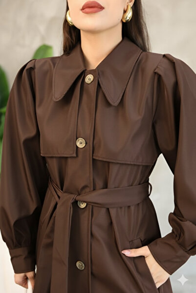 QUBERZ Women's Balloon Sleeve Resort Collar Belted Long Trench Coat - Black / Navy Blue / Mink / Beige / Khaki / Brown