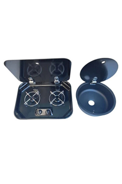 YATEK KARAVAN Tekne Cam Emaye Ocak + Cam Kapaklı Evye Siyah