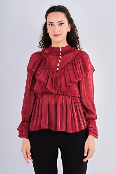 Lila Rose Volanlı Kristal Düğmeli Organze Bluz