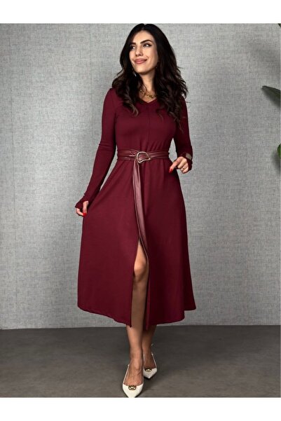 TUA MODA Tua Moda Women's Long Sleeve Collared Waist with Leather Detail Belted Slit Midi Viscose Two Thread Dress