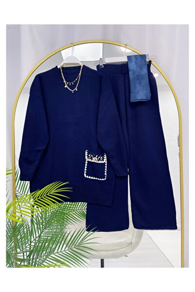 YEDİLALE Stone Pearl Detailled Single Pocket Knit Tunic Pants Double Set [Standard Size 38-44 Size Range]