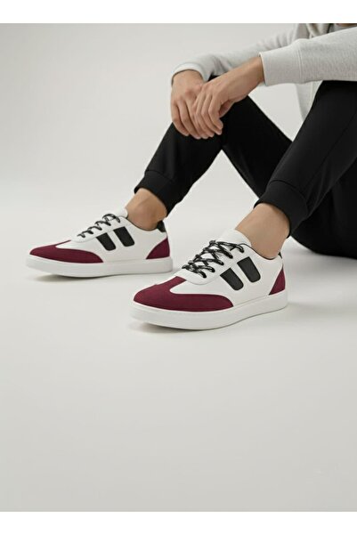RONX White Lace-Up Burgundy Detail White Sole Comfortable Men's Sports Shoes