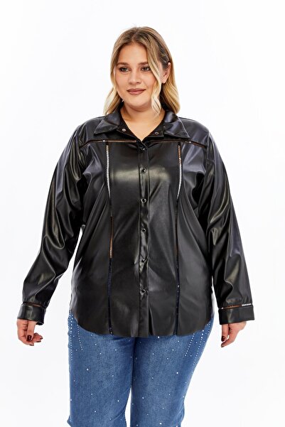 RMG Crochet Detailed Plus Size Leather Shirt Black