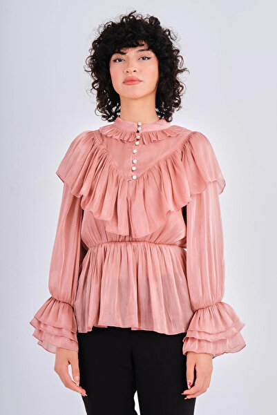 Lila Rose Volanlı Kristal Düğmeli Organze Bluz