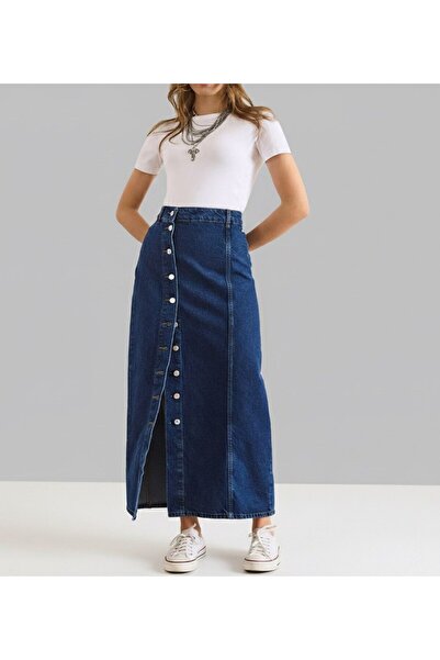 Ceyda Nur Örkcü Women's Button Detailed Long Denim Skirt