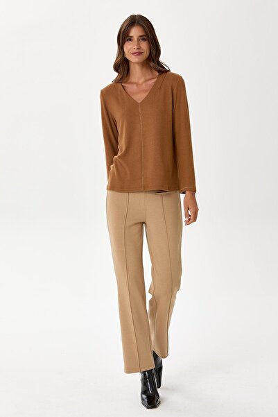 İKİLER Plus Size V-Neck Long Sleeve Soft Blouse