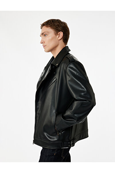 Koton Double-Breasted Faux Leather Biker Jacket with Lapel Pocket Detail and Long Sleeves