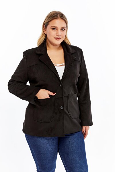 RMG Women's Plus Size Suede Jacket with Pocket Detail Black
