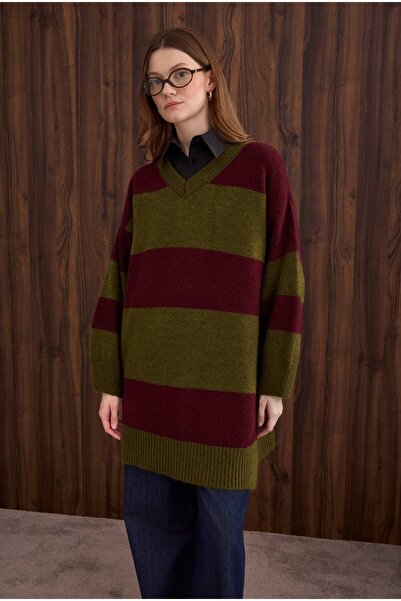 HEQA Striped V-Neck Sweater Moss-Burgundy