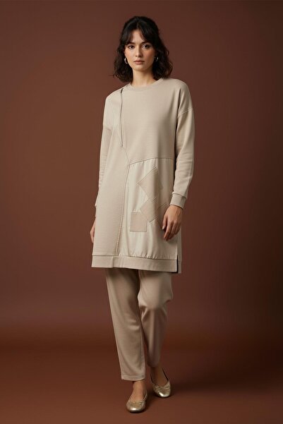 Puane Women's Zipper and Applique Detailed Tunic - 10734Tun - Dark Beige