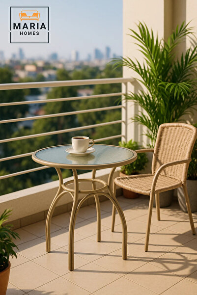 MARIA HOMES Modern Beige Round Cafe Table 60x60x60 cm Metal Outdoor Indoor Co...