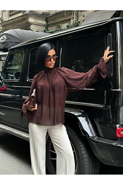 D'RECCY Women's Stand-Up Collar Shirt with Ruffle Detail and Transparent Effect, with Shawl Accessory