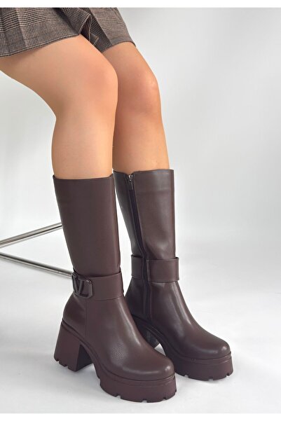 Zerenyus Moki Premium Brown V Detailed High Comfortable Heeled Short Boots
