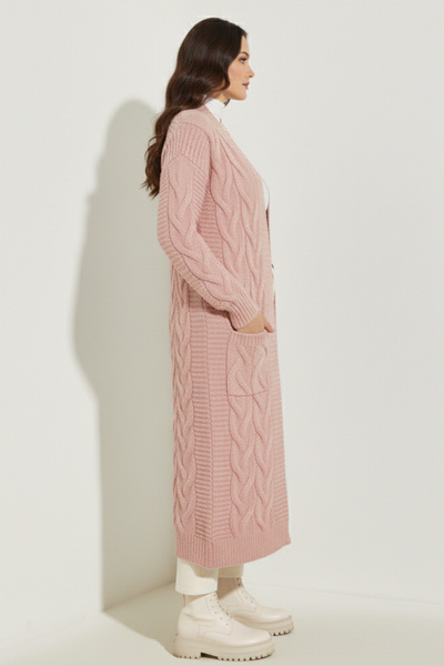 benguen Πλεκτή Ζακέτα Μακρύ Πλεκτό Μοτίβο R2817 Πούδρα