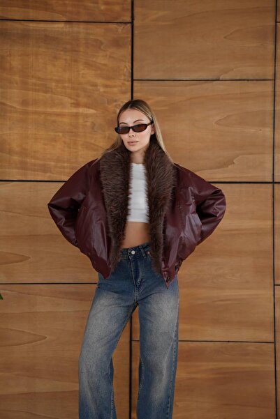 D'RECCY Women's Fur Collar Bomber Leather Jacket