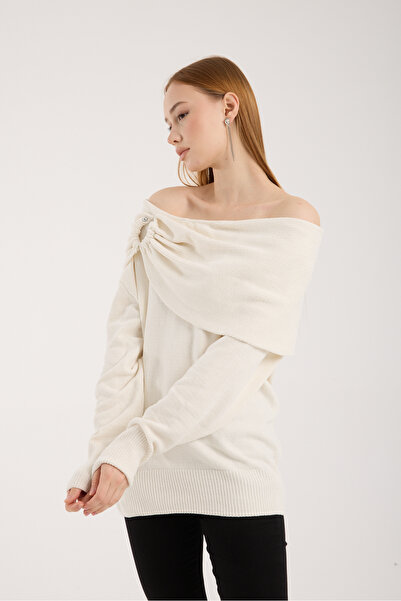 Moda Days Women's White Chenille Velvet Accessory Shawl Collar Knitwear Sweater