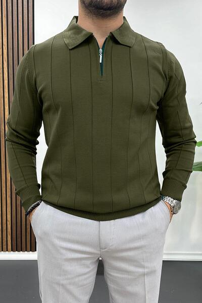 Edwox Men's half-zip polo neck Transitional sweater dark green edw195
