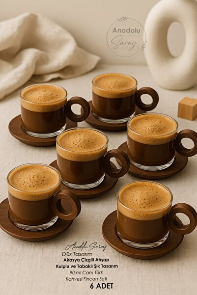 Anadolu Saray Set of 6 90 ml Flat Glass Turkish Coffee Cups – Stylish Design with Acacia Wood Handles and Saucers