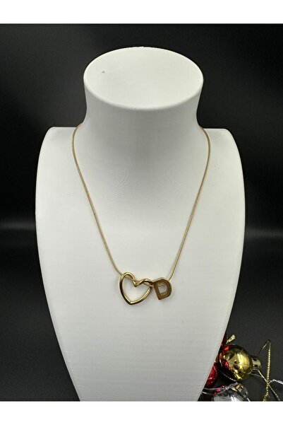 staınless steel Altın Renk Kalp ve D Harfi Detaylı Çelik Kolye