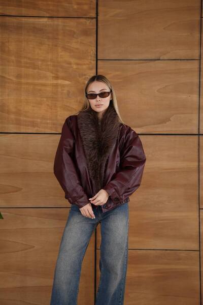 D'RECCY Women's Fur Collar Bomber Leather Jacket