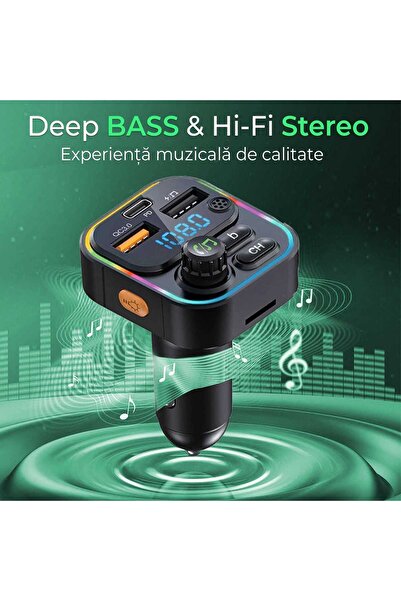 Timebox FM modulator, hands-free, 20W fast car charger QC3.0, USB-C, BT 5.0, 7 light modes