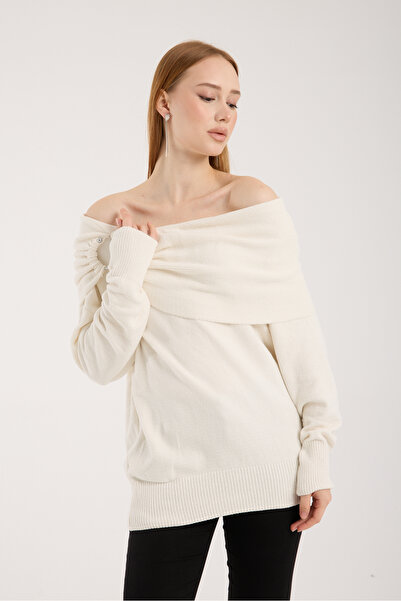 Moda Days Women's White Chenille Velvet Accessory Shawl Collar Knitwear Sweater