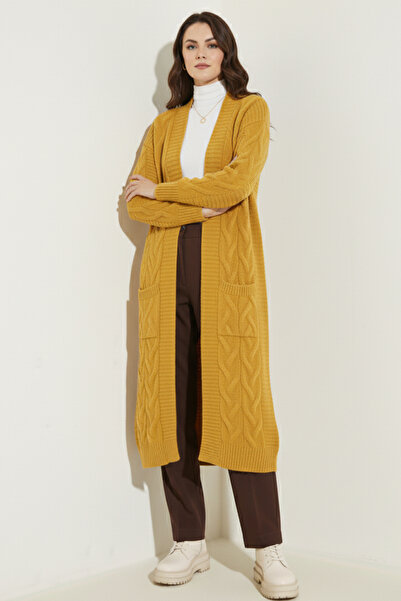 benguen Knitted Patterned Long Knitwear Cardigan R2817 Mustard