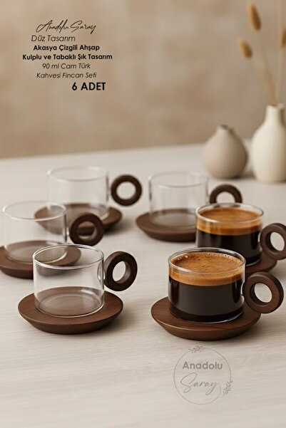 Anadolu Saray Set of 6 90 ml Flat Glass Turkish Coffee Cups – Stylish Design with Acacia Wood Handles and Saucers