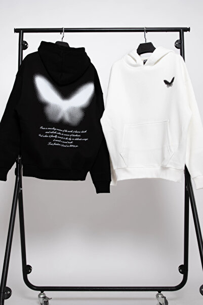 Bak Moda Dot Butterfly Printed Oversized Unisex Black Hoodie