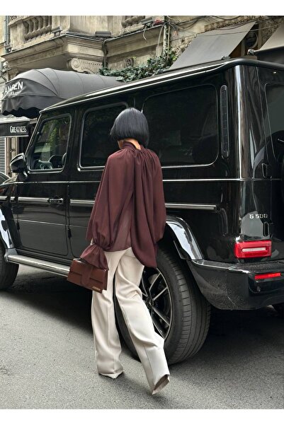 D'RECCY Women's Stand-Up Collar Shirt with Ruffle Detail and Transparent Effect, with Shawl Accessory