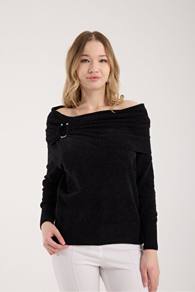 Moda Days Women's Black Chenille Velvet Accessory Shawl Collar Knitwear Sweater