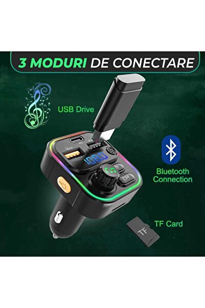 Timebox FM modulator, hands-free, 20W fast car charger QC3.0, USB-C, BT 5.0, 7 light modes